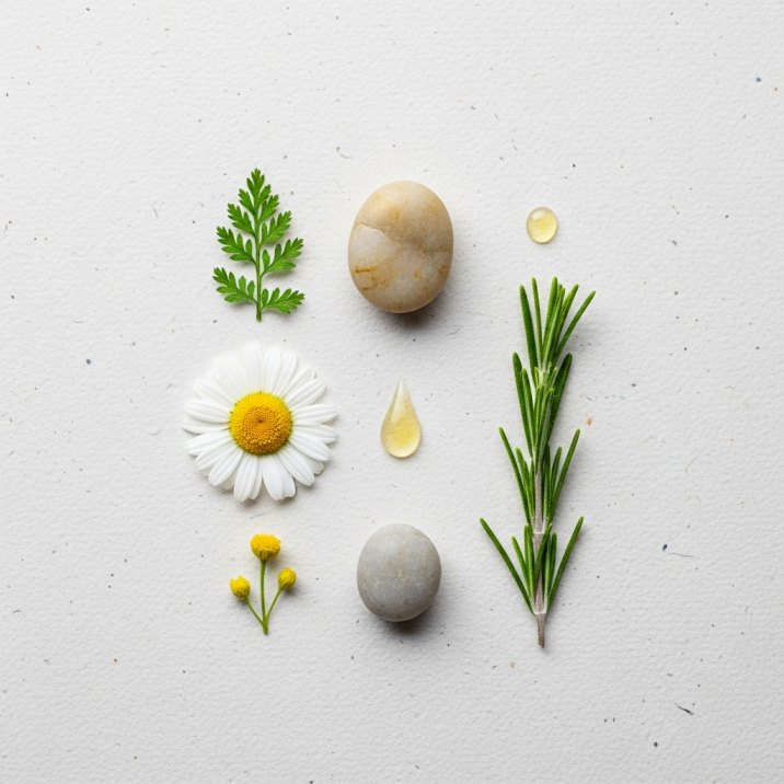 BreuVerra botanicals, flower, stones, and aromatic oil drops